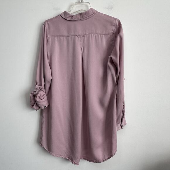 Soft Surroundings Tencel Tunic L Dusty Rose Roll Tab Sleeve Top Half Snap 2AC71 - Picture 8 of 8